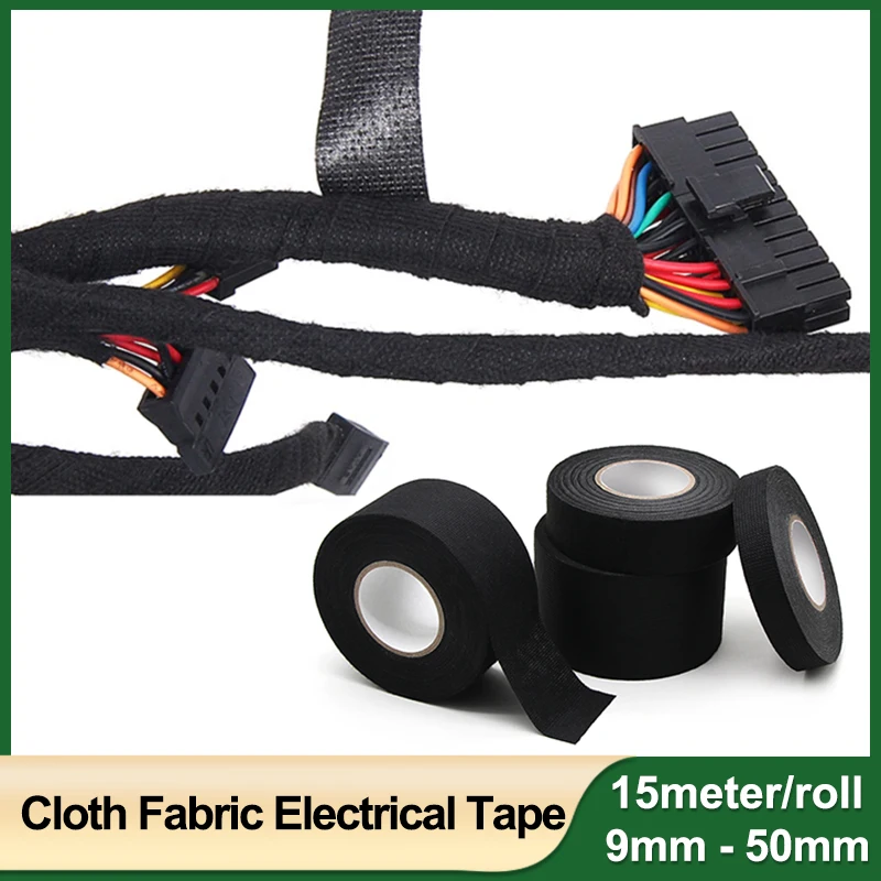 15M Heat-resistant Adhesive Cloth Fabric Tape Width 9 ~ 50mm For Automotive Cable Tape Harness Wiring Loom Electrical Heat Tapes