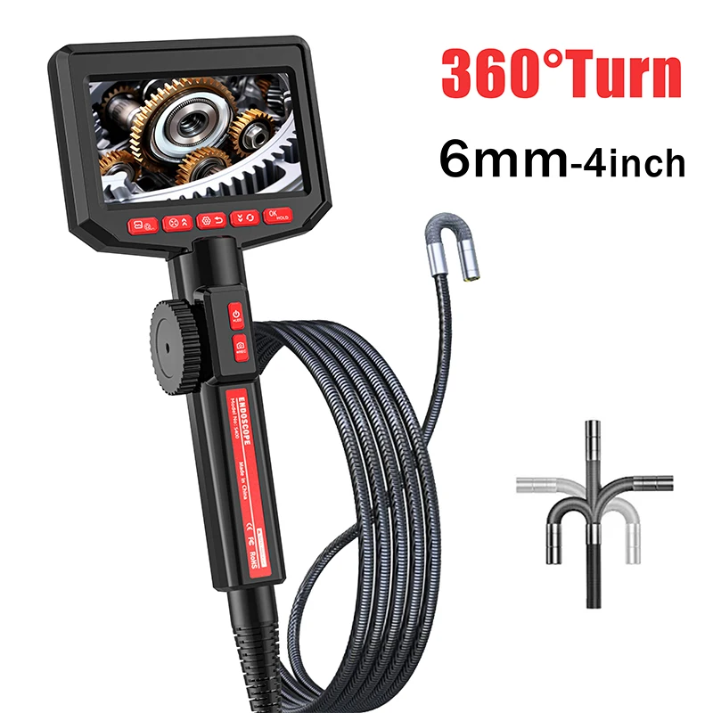 360° 4.3 inch Two-Way Rotary Articulating Endoscope Camera HD 1080P 6mm Car Inspection Borescope Industrial Endoscope