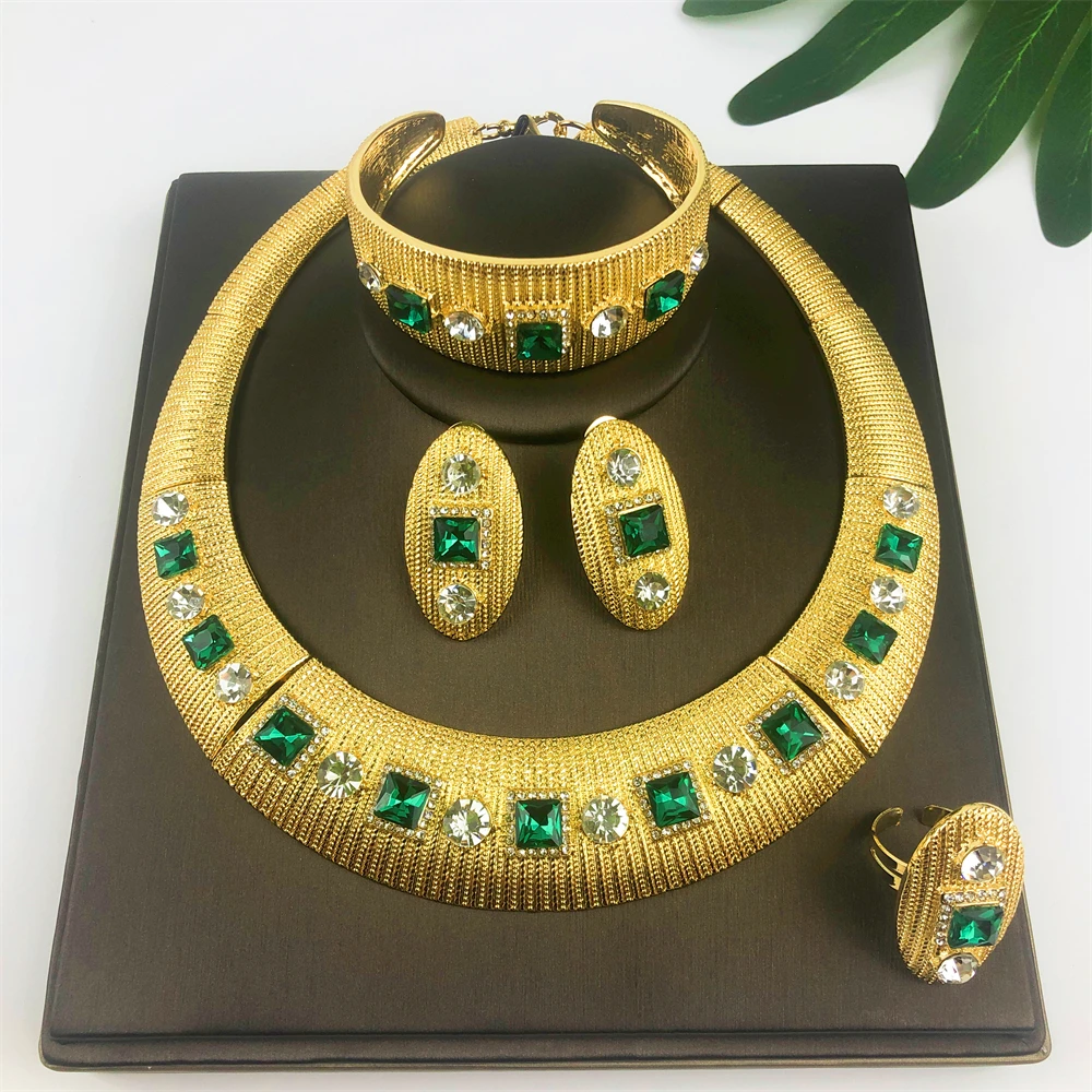 ESALE Italian Women Jewelry Set of 4 Quality Luxury Design Dubai Fashion Necklace Earrings Ring Bracelet Wedding Party Gift