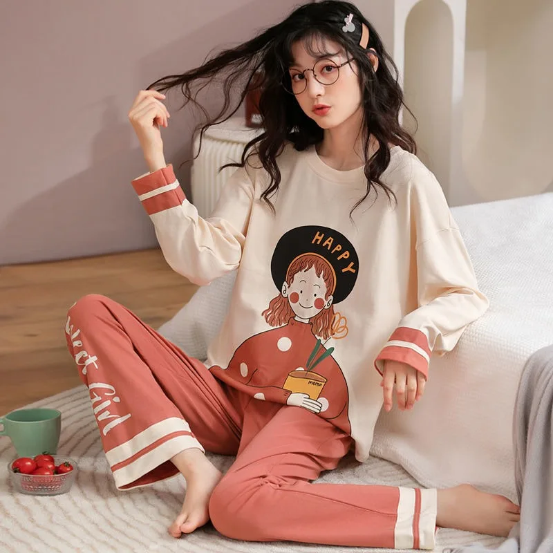 

2024 New Cotton Pajamas Women's Spring Autumn Long Sleeves Pants Sleepwear Student Dormitory Homewear Pullover Loose Loungewear