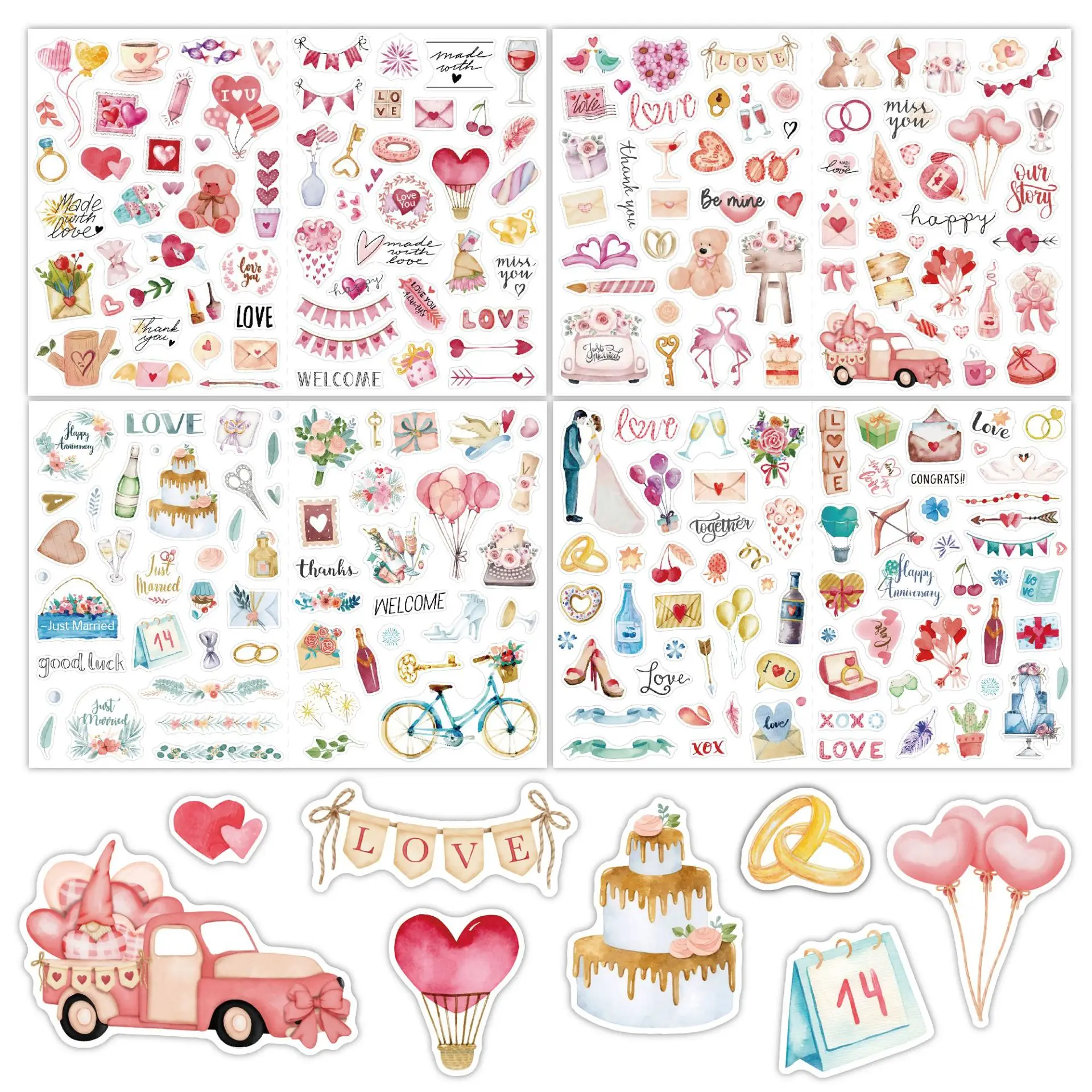 

Stickers 220pc watercolor Romantic love pink love decoration planning hand wedding stickers