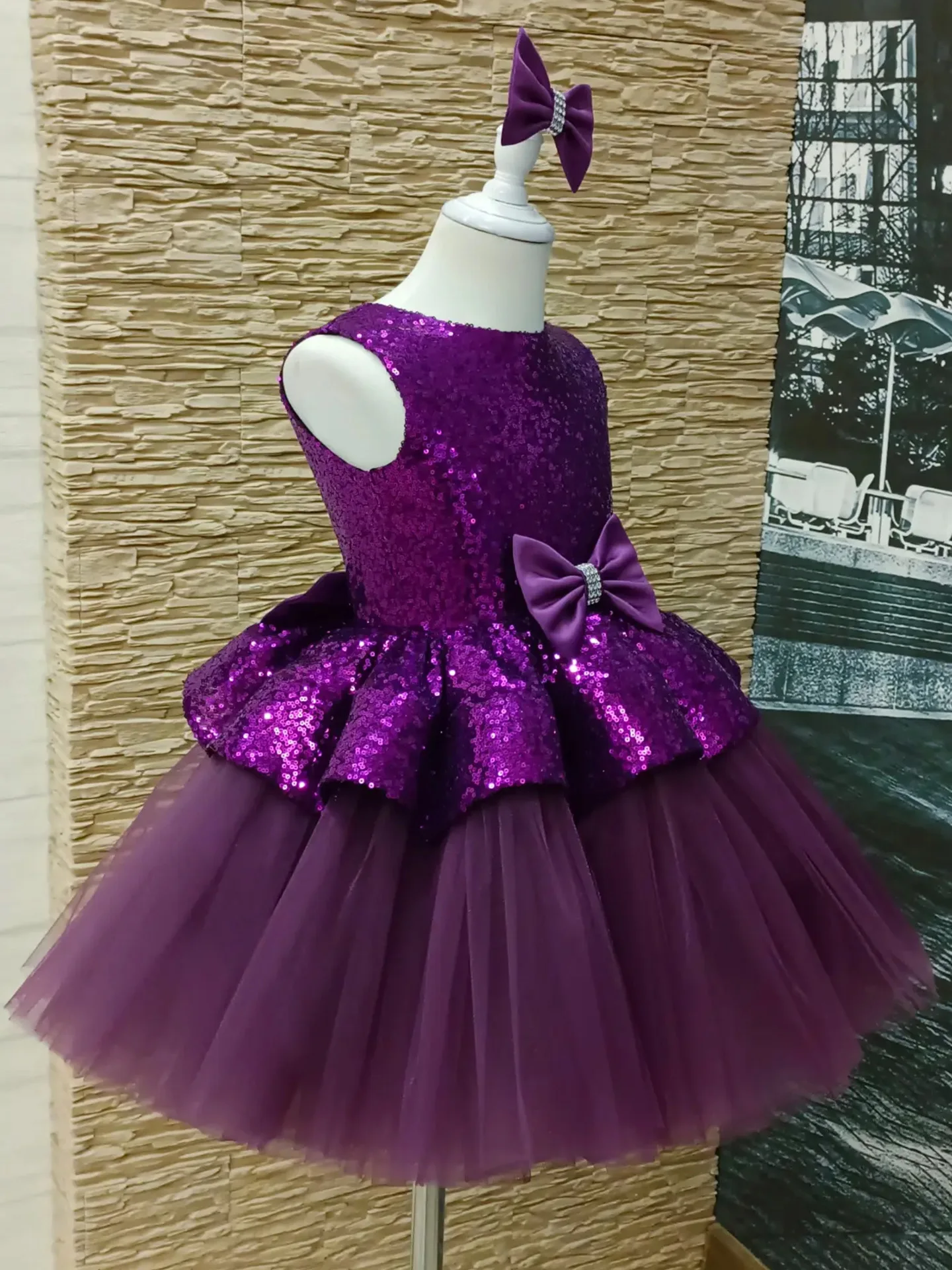 Custom Flower Girl Dress for Wedding First Christmas Party with Sleeveless Sequin Bodice Large Bow Accent Tulle Skirt and Matchi