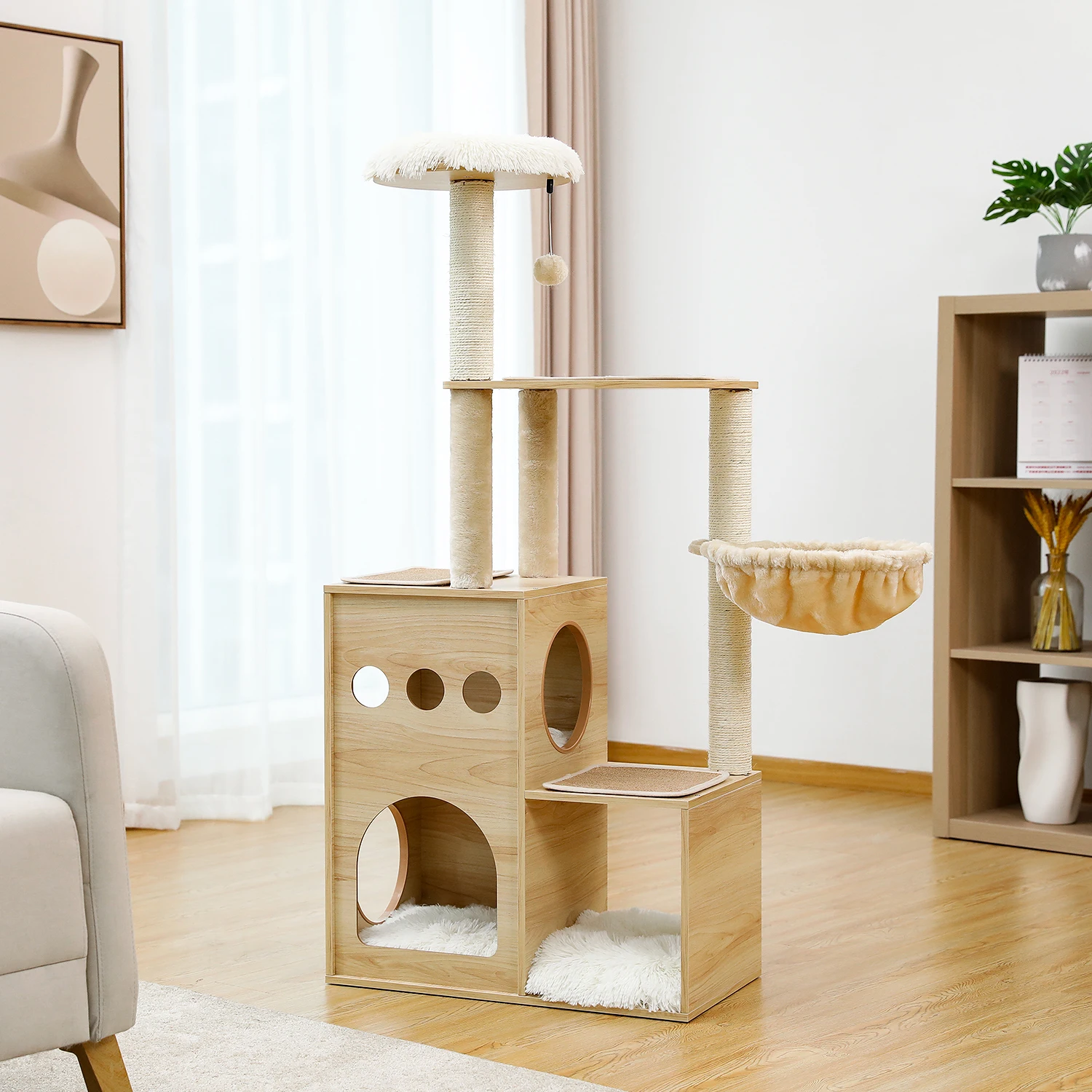 Modern Wooden Cat Tree for Indoor Cats Multi-Level Tower with Scratching Post Luxury Perches Spacious Condo and Hummock for Rest