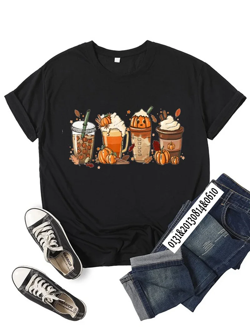 Women's Halloween Pumpkin Coffee, Latte Drink Cup, Spice T-shirt, Daily Girl Y2K Harajuku Tee Tops, Female Sweatshirt Clothes