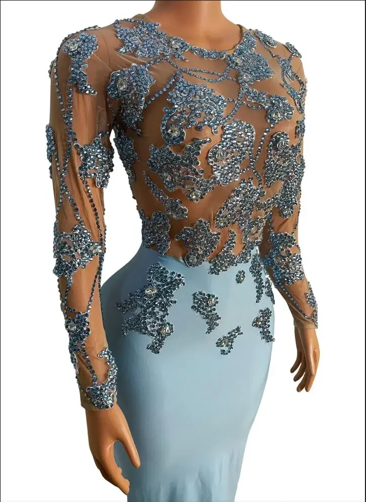 Blu strass trasparente maniche lunghe vestito donna danza Performance Outfit sera compleanno festeggia Costume biyue