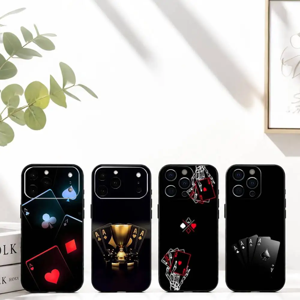 Funda para Teléfono con Diseño de Juego de Cartas Texas Holdem para iPhone 17, 16, 15, 14, 13, 12, 11 Plus, Pro Max, Otros, Cubierta Negra Suave