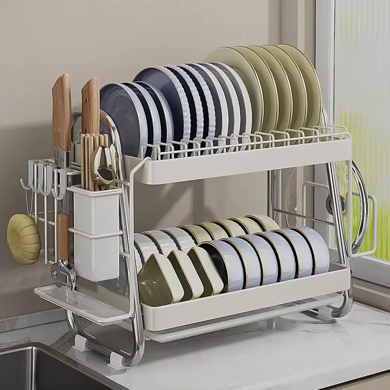 2 Layer Metal Plate Dry Storage Rack with Drain Plate Modern Rust Proof Kitchen Cabinet Countertop Organizer Double Layer