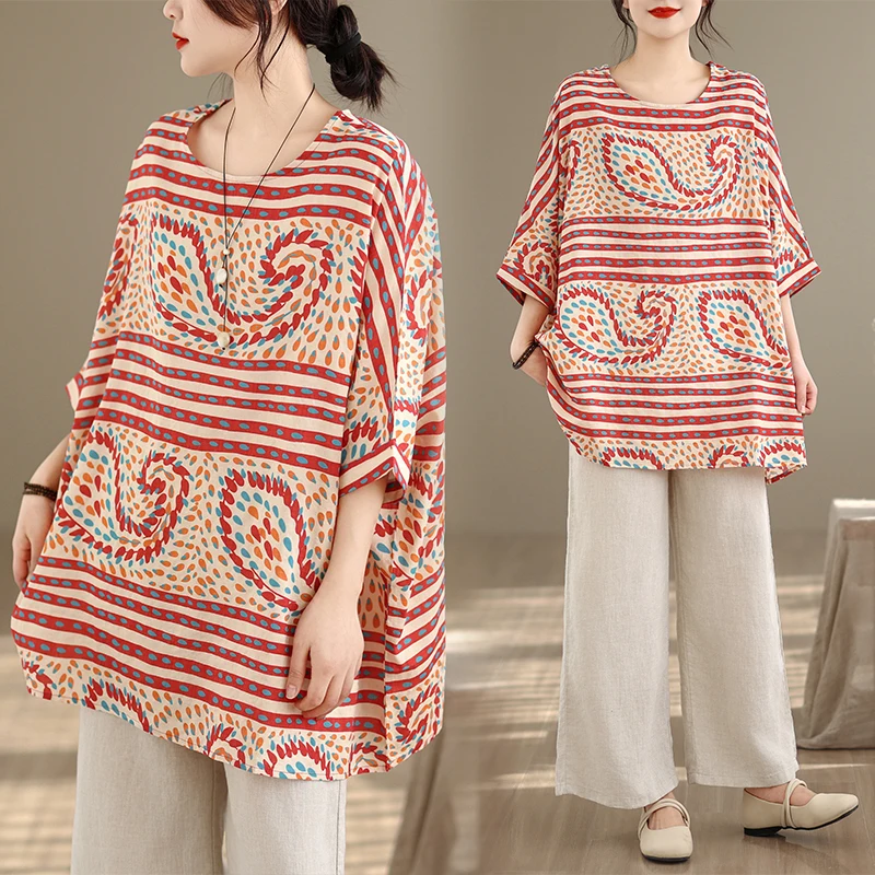 

New 2026 Cotton Linen Loose Batwing Sleeve Printed Slimming Top Ethnic Style Women's Fashion Spring Collection