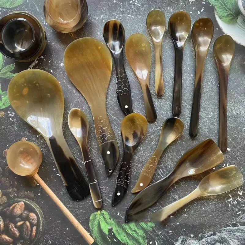 Cuchara de cuerno de búfalo de agua de Cocina de 14-21cm, exquisita cuchara de cocina occidental, cuchara de postre creativa, cuchara de mango largo, productos de cuerno