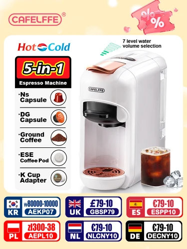 Cafelffe 5in1 マルチカプセルコーヒーマシン DG カプチーノ、Nesカプセル、ESEポッド、挽きコーヒー対応、愛する人、パパ、ママへのギフト。ホット/コールド抽出コーヒー、19バールの高圧抽出、7段階の水量選択。