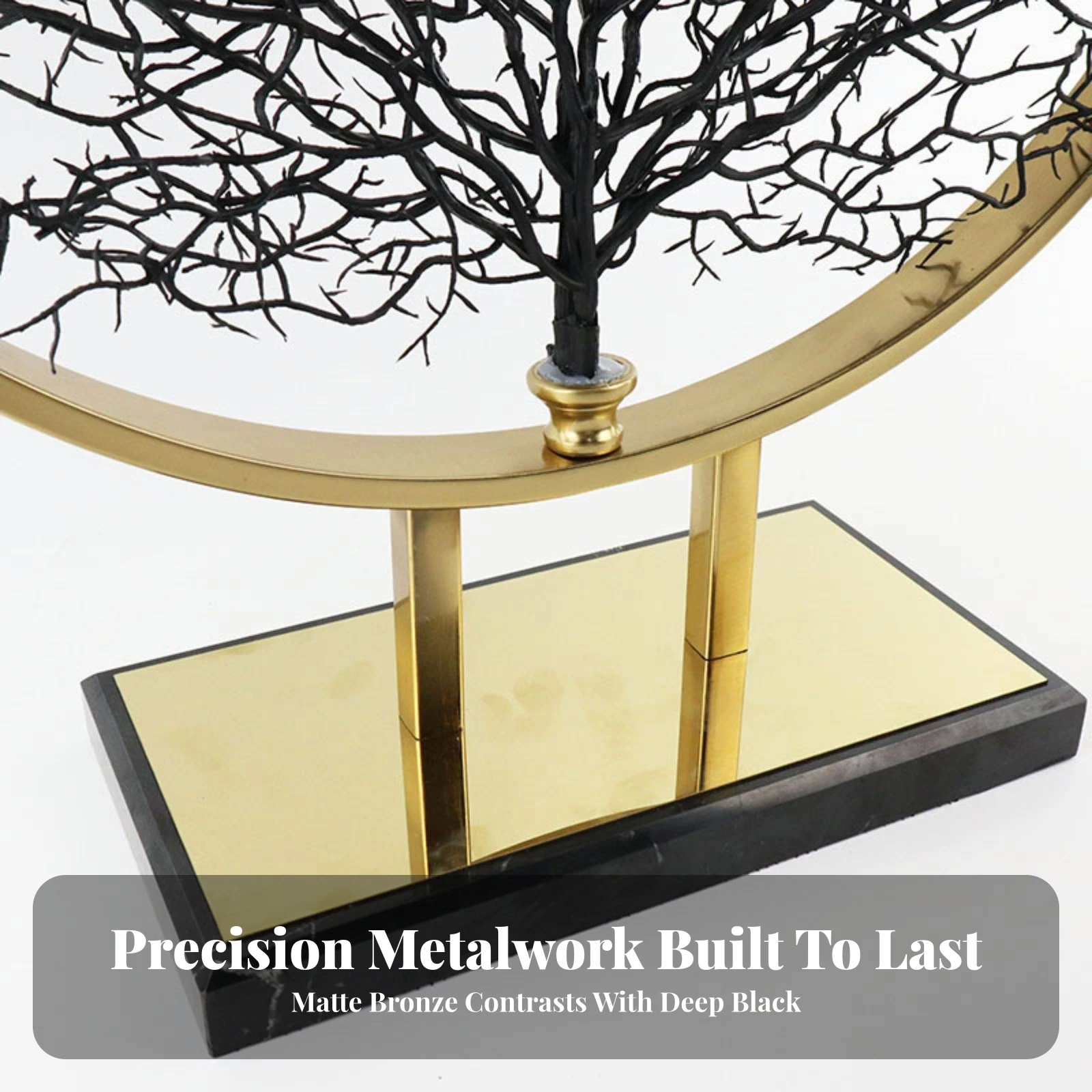 Freestanding Iron Tree Sculpture Gold Accents Geometric Tabletop Decor with Rectangular Base Metal Trees Tabletop Decor Black