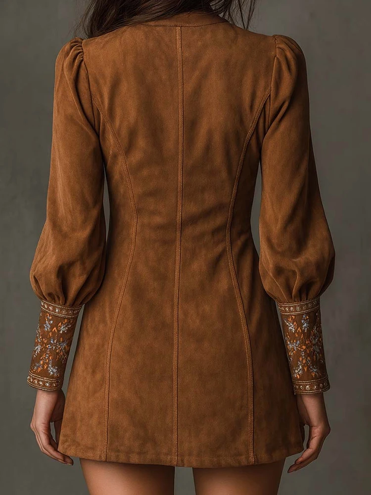 فستان حفلات أنيق بأكمام طويلة للعطلات، فستان نسائي قصير أنيق برقبة على شكل V للخريف والشتاء، فستان نسائي عتيق مرقع لعام 2025 #2