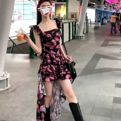 폴카 도트 인쇄 여성 섹시 원피스, 불규칙 스퀘어 칼라 민소매 꽃 원피스, 젊은 스타일 플리츠 원피스, 여름 트렌드, 신상