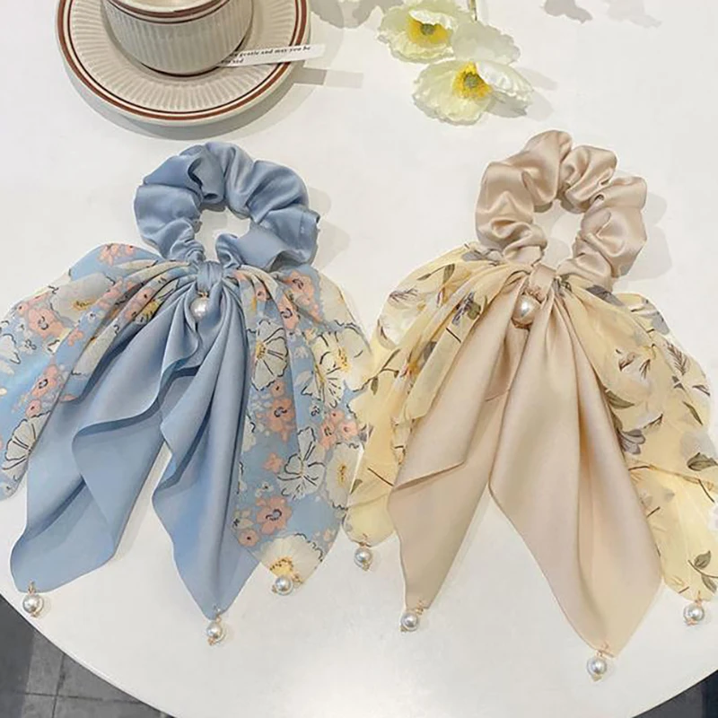 New Fashion Women Bow Hair Rope Chiffon Floral Print Sweet Elastic Hair Band Headwear Ponytail Holder Gum For Hair Ties