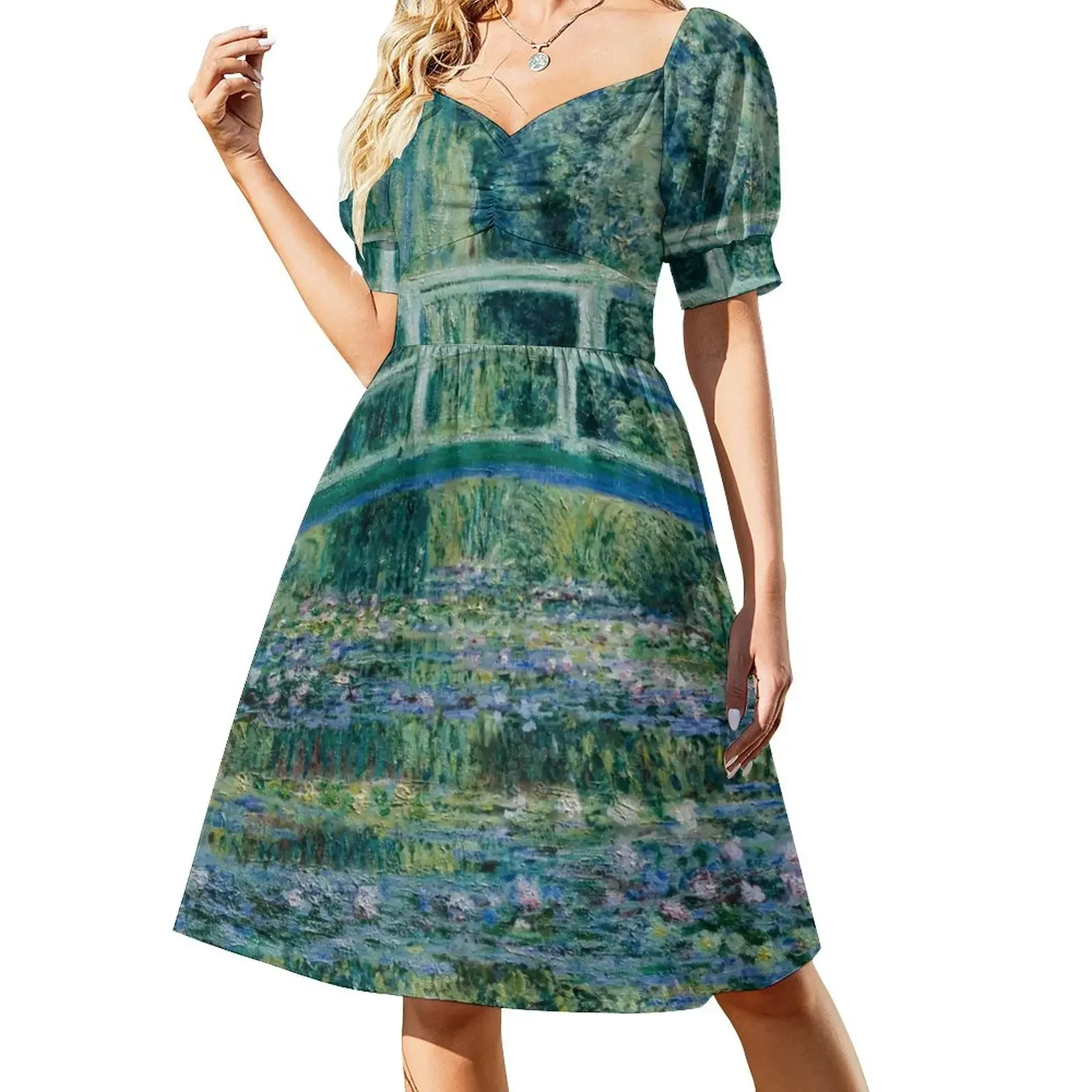 Claude Monet - Water Lilies and Japanese Bridge Short-Sleeved Dress woman dress beach dresses