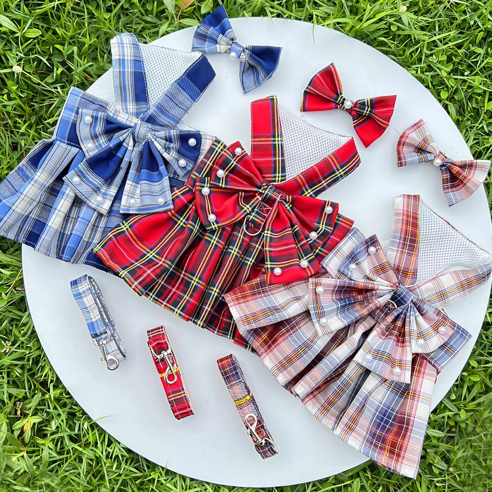 

Pet Harness Leash Set Cute Plaid Dog Dress Cat Dog Holiday Party Costume Summer Girl Pet Clothes Bowknot Puppy Princess Dresses