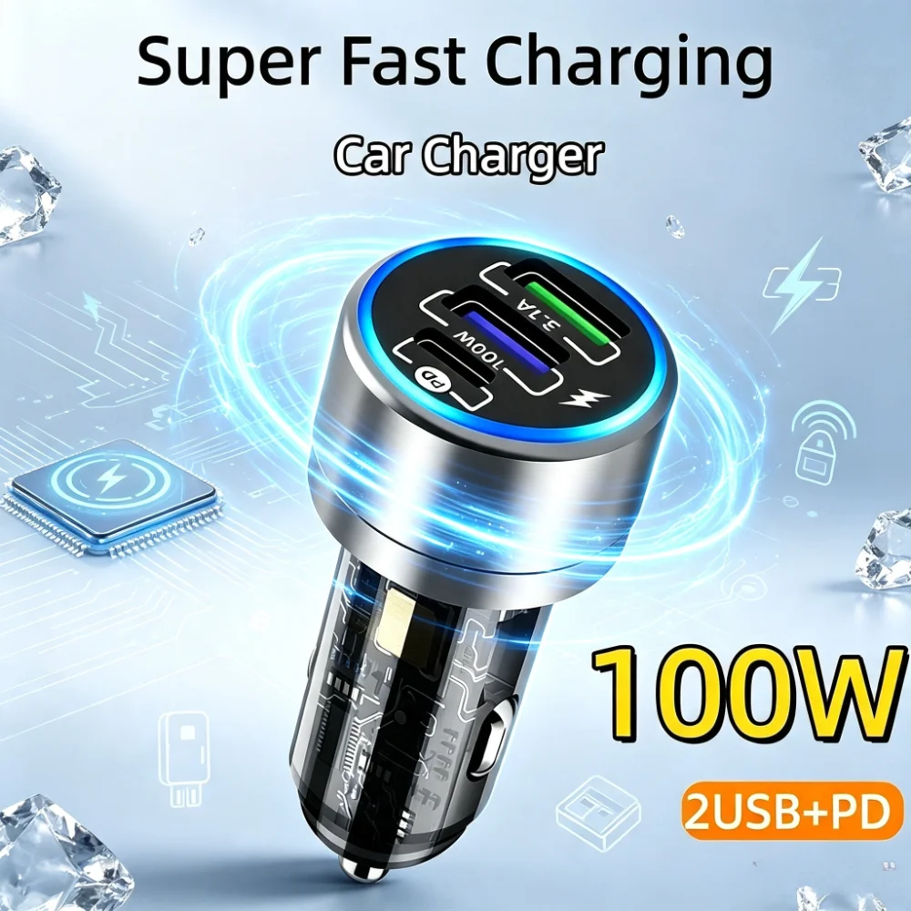 100W Transparent Car Charger PD QC3.0 Fast Charging Dual USB Multi‑Port 12‑24V Universal Auto Phone Charger Adapter