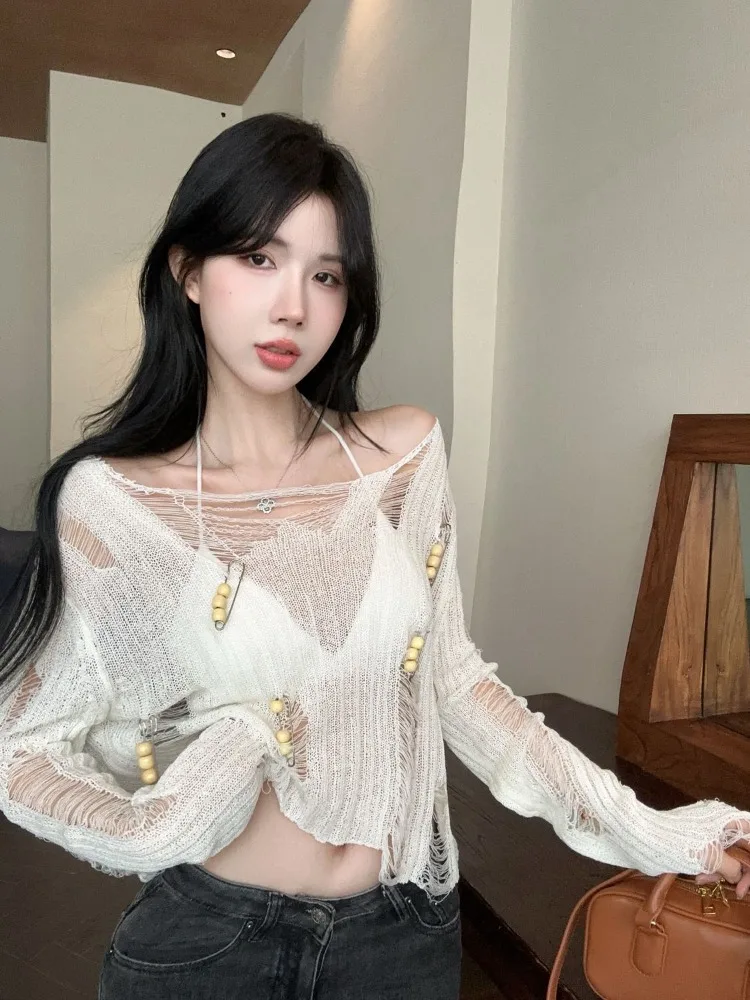 

QWEEK Y2k Coquette Grunge Knitted Knit Sweater Women Hollow Out Long Sleeve Oversize Sexy Pullovers 2024 Autumn Fashion Korean