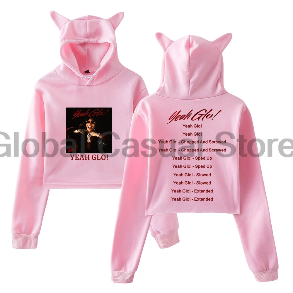 GloRilla Merch Pullover 2024 Yeah Glo Album Streetwear Cat Ears Hoodie Long Sleeve Crop Top Women's Clothes