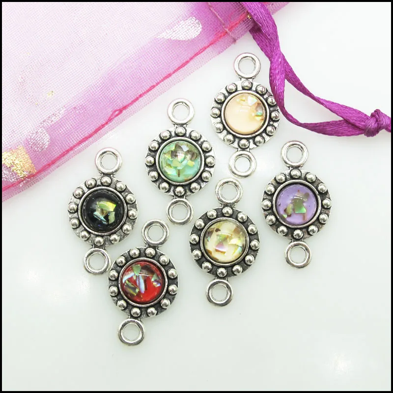 12 New Dots Flower Charms Antique Silver Plated Retro Mixed Resin Connectors 14x25mm