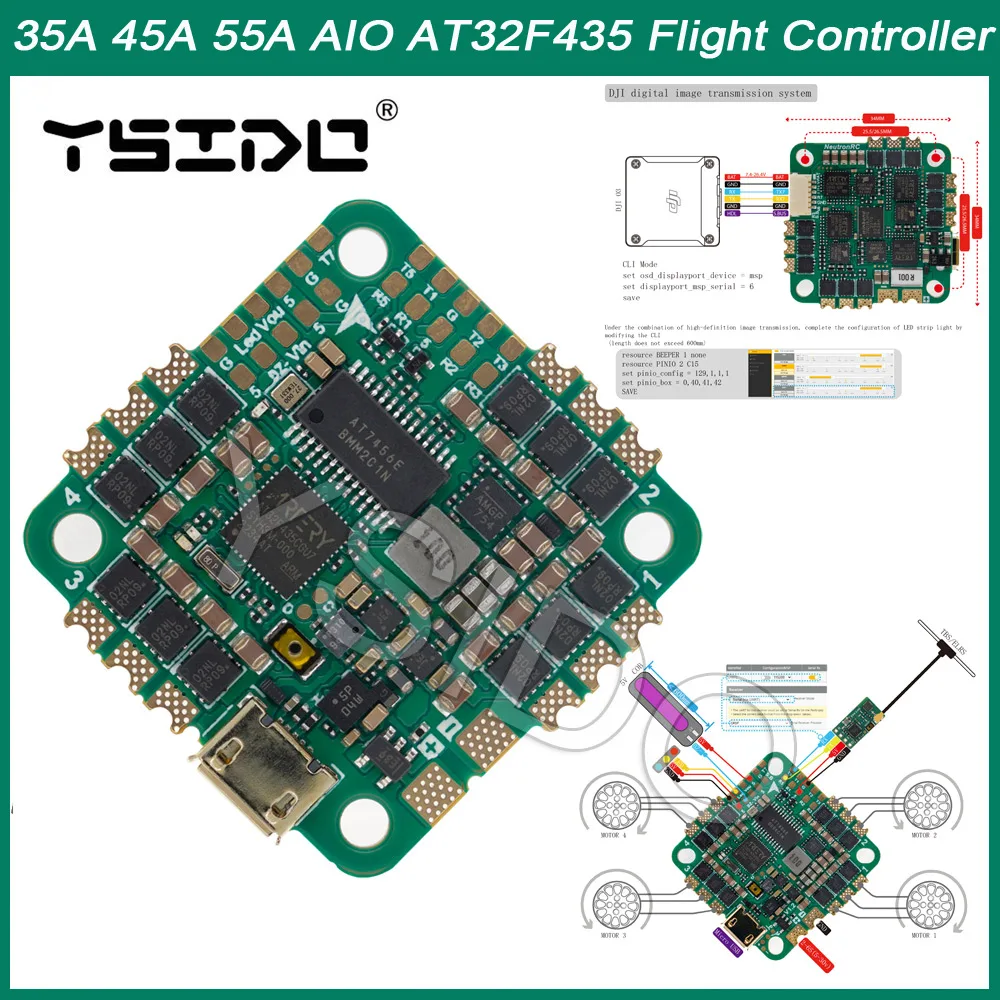 YSIDO AT32F435 mini AIO 32Bit AM32 35A 45A 55A ESC Board Flight Controller 25.5*25.5mm modello di montaggio per FPV Racing Drone