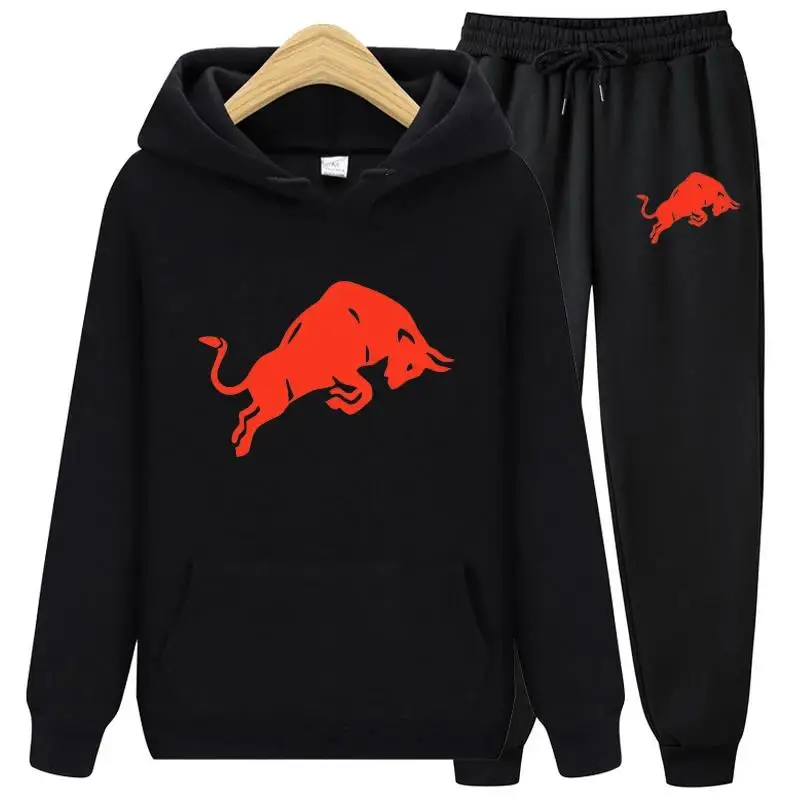 Men Tracksuit Bull Pattern Sportswear Two Piece Set Print Hoodie  Sweatpant Brand Clothing Male Autumn Sweatsuit Sports Suit