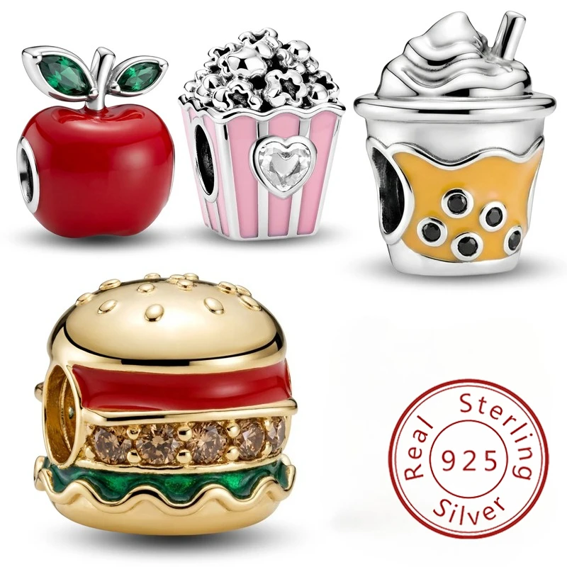 925 Sterling Silver Personalized Fashion Burger Apple Popcorn Charms Beads Fit Original Bracelets Bangles Fine Jewelry Gift