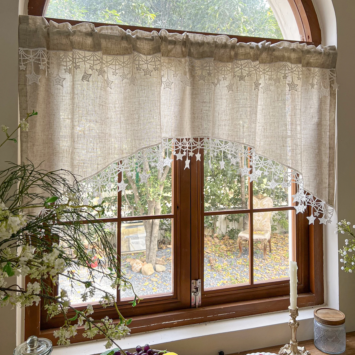 French Country Faux Linen Arched Curtain with Star Trim Farmhouse Curtain for Kitchen, Doorway, Rustic Home Decor Window Panel
