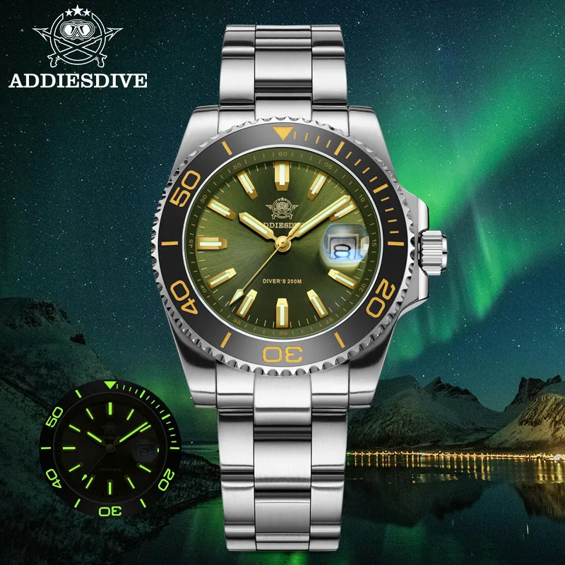 ADDIESDIVE Stainless Steel Watch for Men Waterproof Watches Super Luminous Diving Waterproof Quartz Watches AD2510 Reloj Hombre