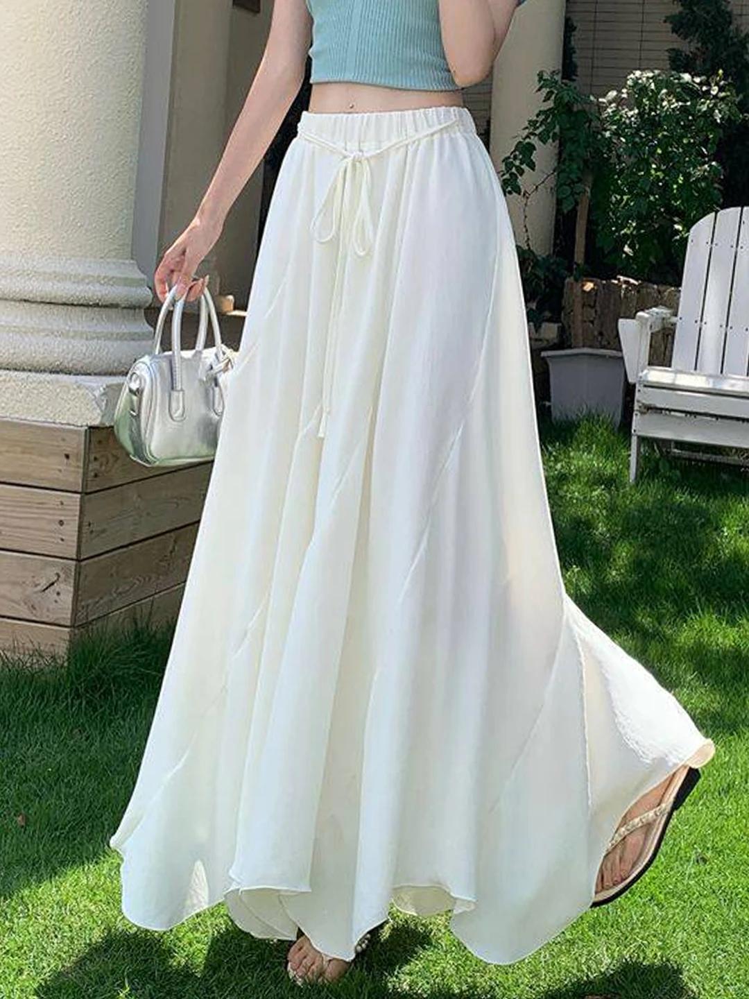 

Elegant Elastic Waist Half Skirt for Women Summer New Style Asymmetrical Bowtie A-Line Long Skirt Casual Polyester Fiber