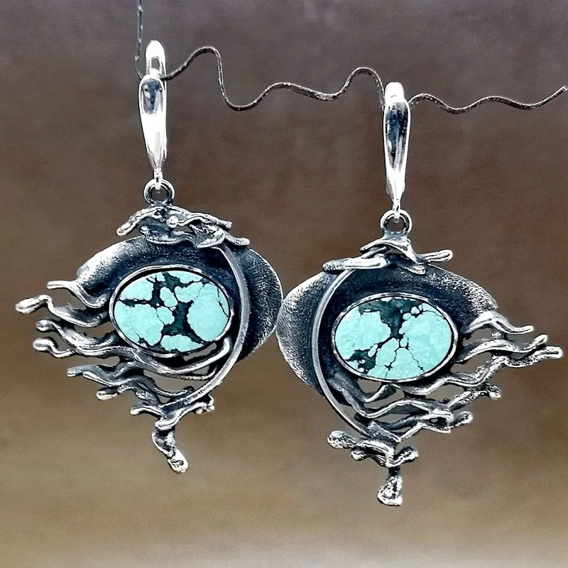 Literary Vintage Silver Plated Pendant Earrings Inlay Synthetic Turquoise Forest Style Earrings Women's Trend Jewelry
