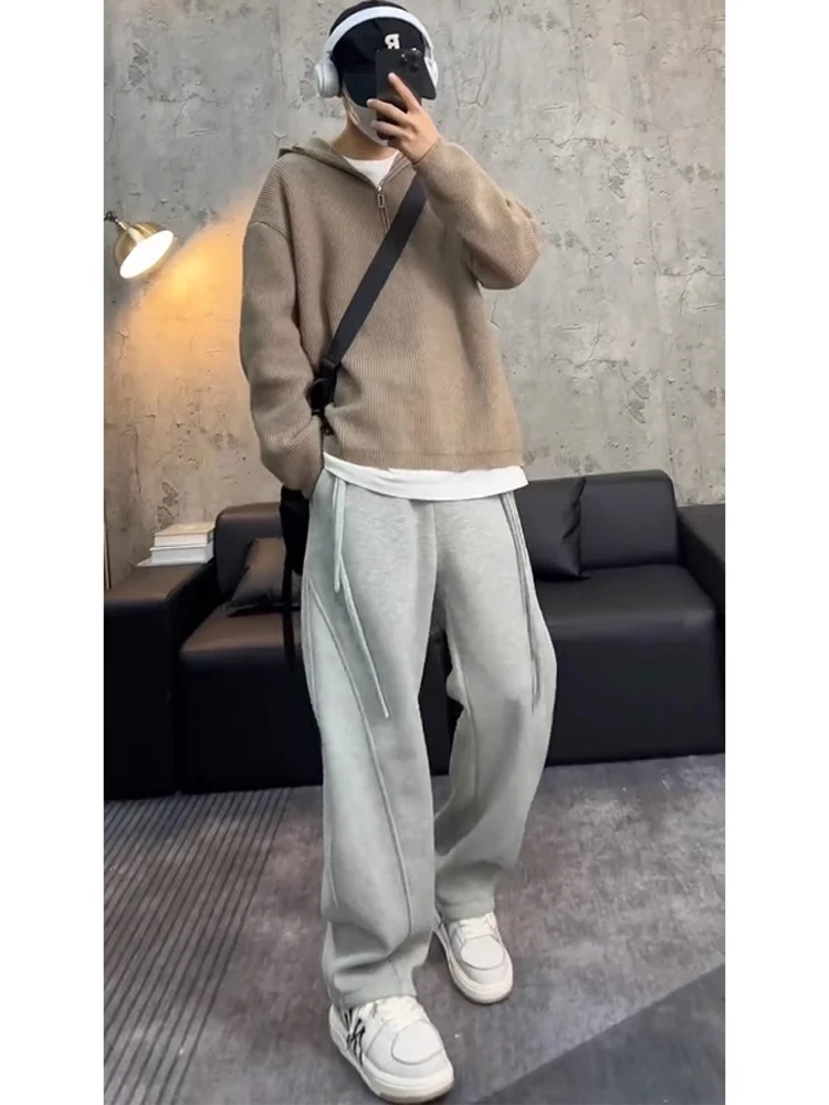 

Осенне-зимние американские утепленные брюки унисекс с широкими штанинами и прямым кроем, повседневные, класса люкс, длинные спортивные штаны для бизнес-кэжуал образов