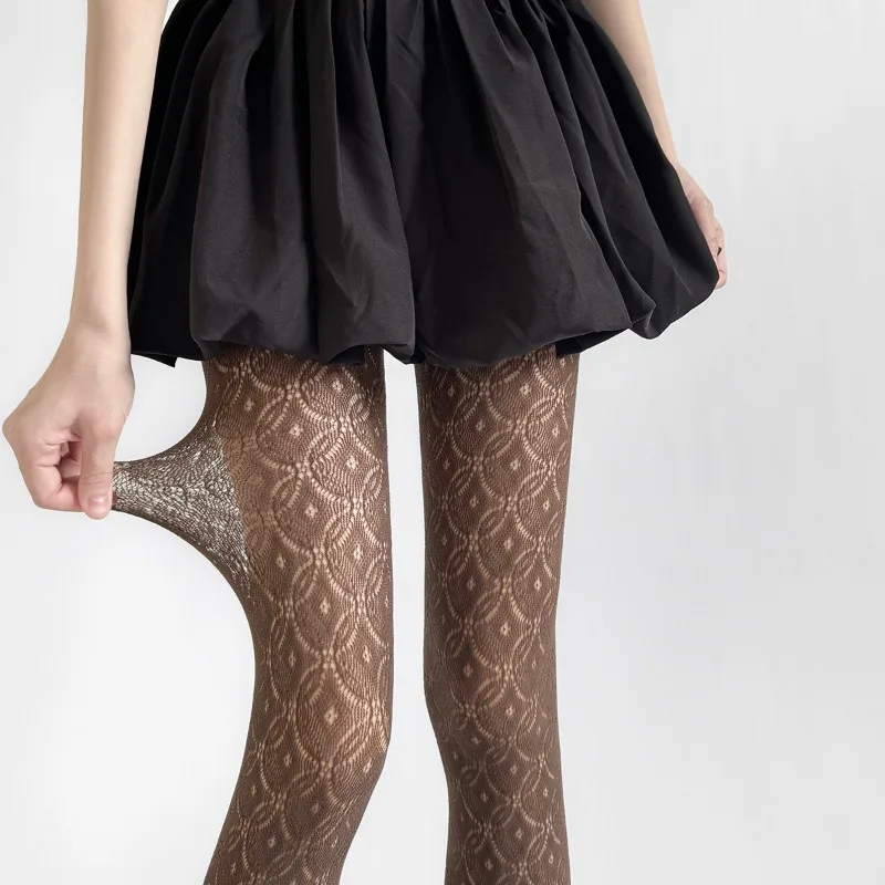 Vintage Lace Jacquard Tights for Girls Sheer Cream White Stockings Hollow Fishnet Design Slimming Pantyhose Sexy for Spring Fall