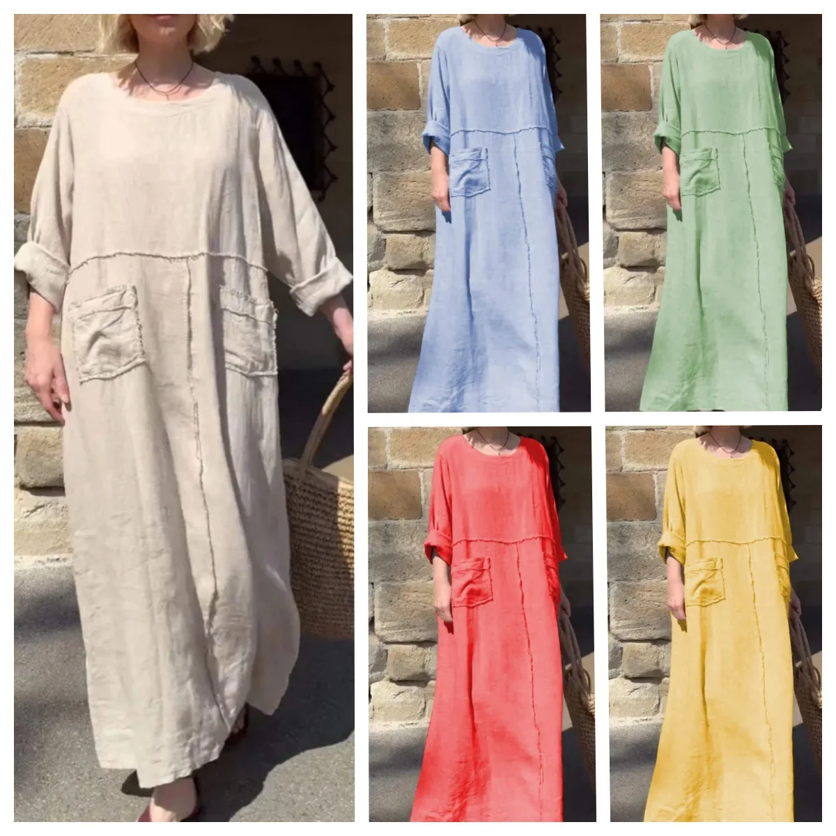 

Summer 2024 Women's Pure Color round Neck Cotton Linen Long Sleeve Casual Pleated Dress with Double Sided Pockets a Line Skirt