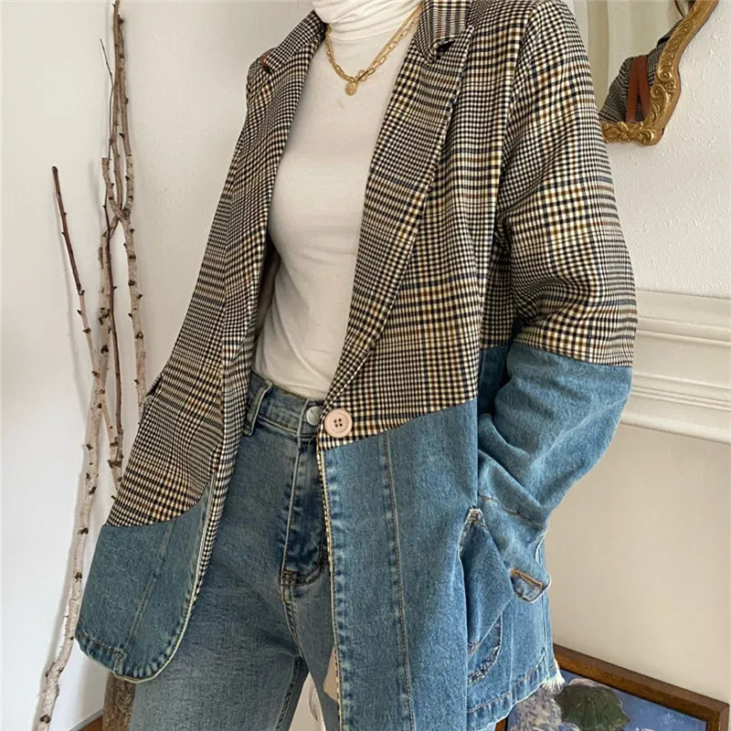 Korean Plaid Suit Collar Blazer Splicing Denim Jacket Women Mid Long Big Pocket Cowboy Outerwear Vintage Jeans Jackets Female