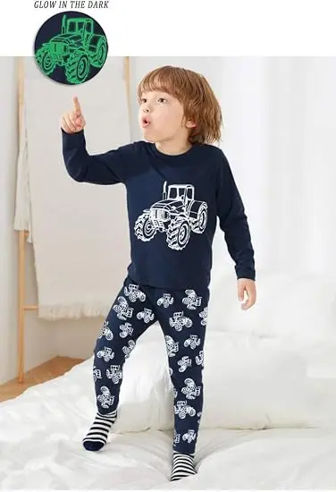Little Hand Toddler Boys Long Sleeve Pajamas Glow in the dark Tractor Loungewear 100% Cotton Two-piece Pjs Sets for 2-7T Kids