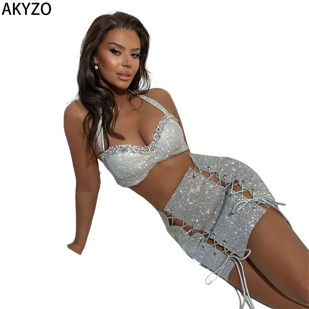 AKYZO Metal Chain Split Shiny Skirt  Sexy Low Waist Mini Skirt For Party & Club Women's Clothing