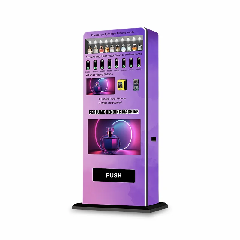 

10 Bottle Perfume Vending Machine Automatic Light Purple With Tester High Capacity Commercial Use Hotel Mall Reliable Quality
