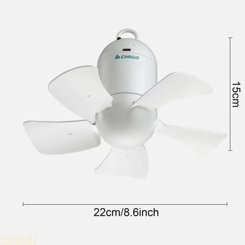 D08B 4000/6000mAh Ceiling Fan with Remote Controller Portable Tent Hooks Hanging Fan