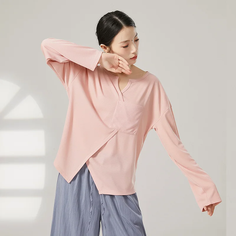 

Wholesale Team Dancer Tee Shirt Long Sleeve V Neck Women Classical Modern Dance Top Practice Clothes Flowy V Neck Irregular XL