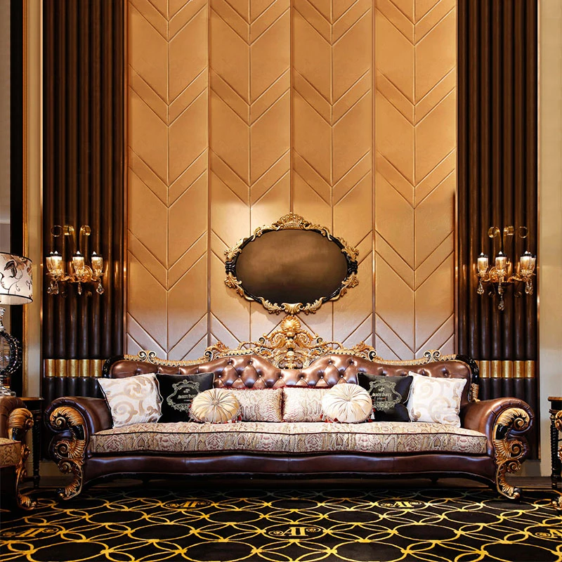 !@High-end Luxury Furniture Sofa Set Antique Classical Living Room Leather Sectional Sofas