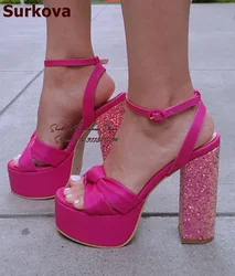 Surkova Fuchsia Pink Sequined Chunky Heel Sandals Platform Butterfly-knot Dress Shoes Bling Bling Glitter Block Heels Wedding