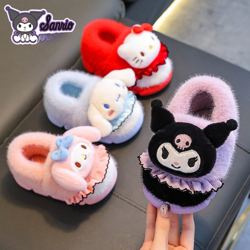 Sanliou Autumn and Winter Children's Cotton Slippers, Girls' Warm and Furry Parent-child Kuromi Bag Heel Cotton Shoes view 4