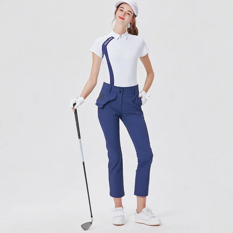 Blktee Ladies Golf Wear Sports T-shirts Zip Collar Tops Short-sleeved Shirts Women Golf Split Skirt Set High Waist Casual Skort