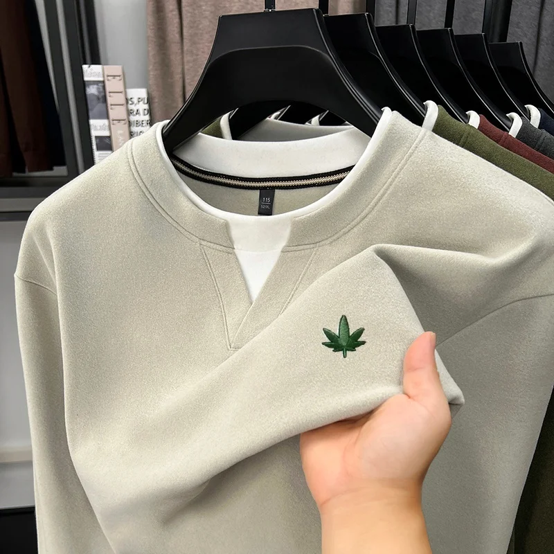 Affordable Luxury Men Long Sleeve T-Shirt Round Neck False Two-Piece Color Blocking Embroidery Leisure Trend Hot-Selling for Men