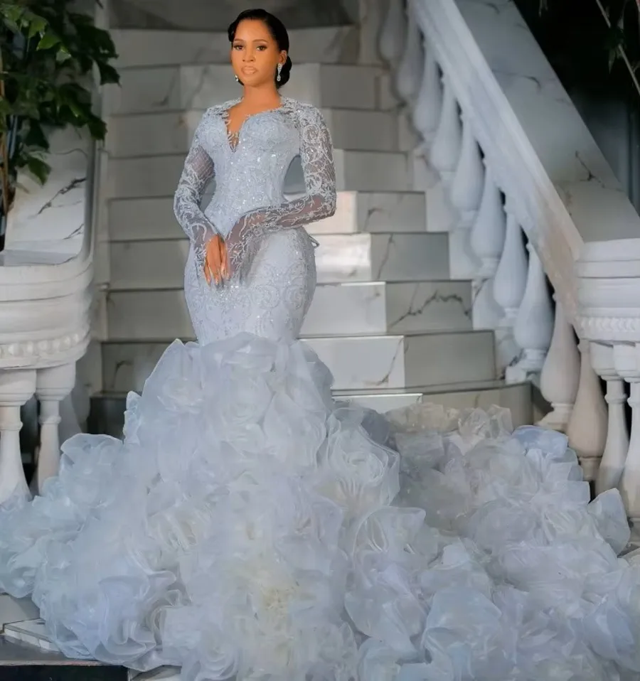 New Ruffled Organza South African Wedding Dresses Black Girls Long Sleeves Lace Dubai Saudi Arabia Bridal Gown Vestido De Noiva