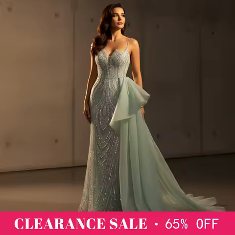 Sharon Said Luxury Sage Green Evening Dress Spaghetti Straps Sequin Gown with Overskirt Side Slit Formal Prom Party Dress SS039