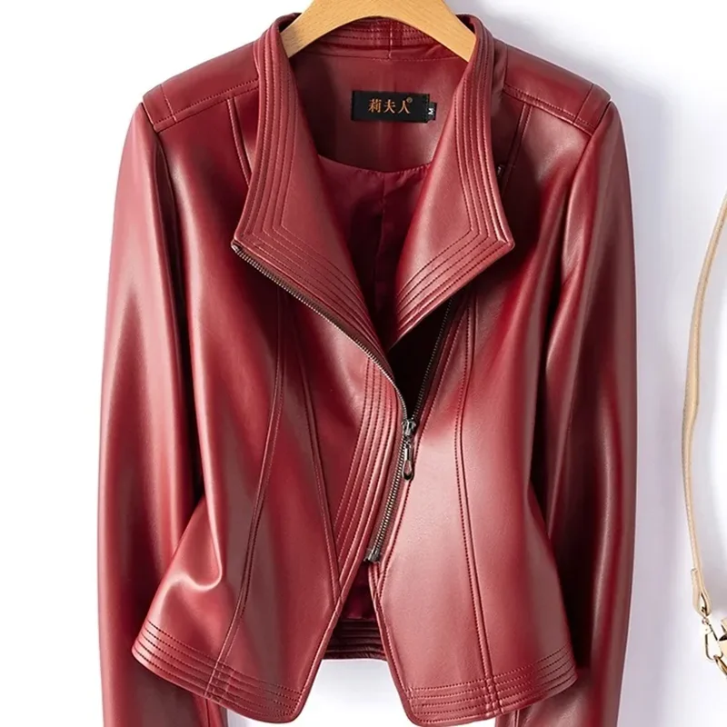 Fashion Motorcycle Leather Jacket Women Spring And Autumn Rivet Coat Short Slim Coats Large Size 4XL