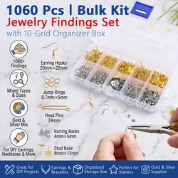 1060pcs Jewelry Findings Kit Earring Hooks Jump Rings Head Pins Eye Pins Earring Backs DIY Jewelry Making Set with Organizer Box
