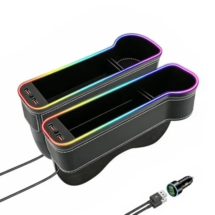

2 Pack Car Seat Gap OrganizerMultifunctional Seat Gap Storage Box with USB Fast Charger Car Seat Pockets with Led Light Car Sea